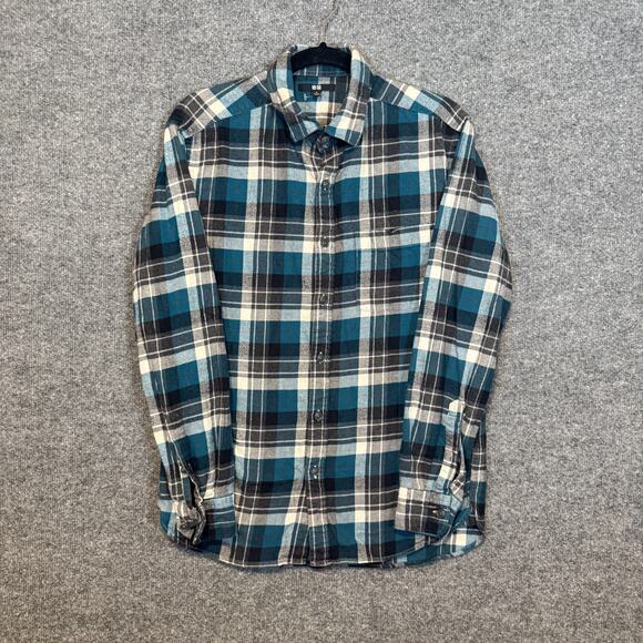 Uniqlo Shirt Mens Medium Blue Green Plaid Flannel Long Sleeve Button Up Casual - Picture 1 of 7